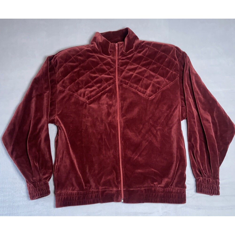 Oleg Cassini Velour Quilted Zip Jacket Red Burgundy Women’s M Medium Lounge